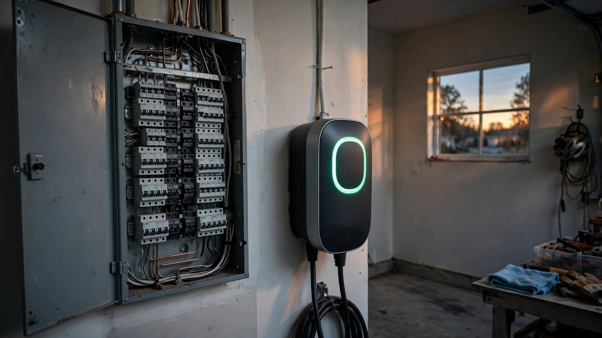 A residential electrical panel with its cover open, showing circuit breakers, next to a wall-mounted EV charger glowing green in a suburban garage at dusk