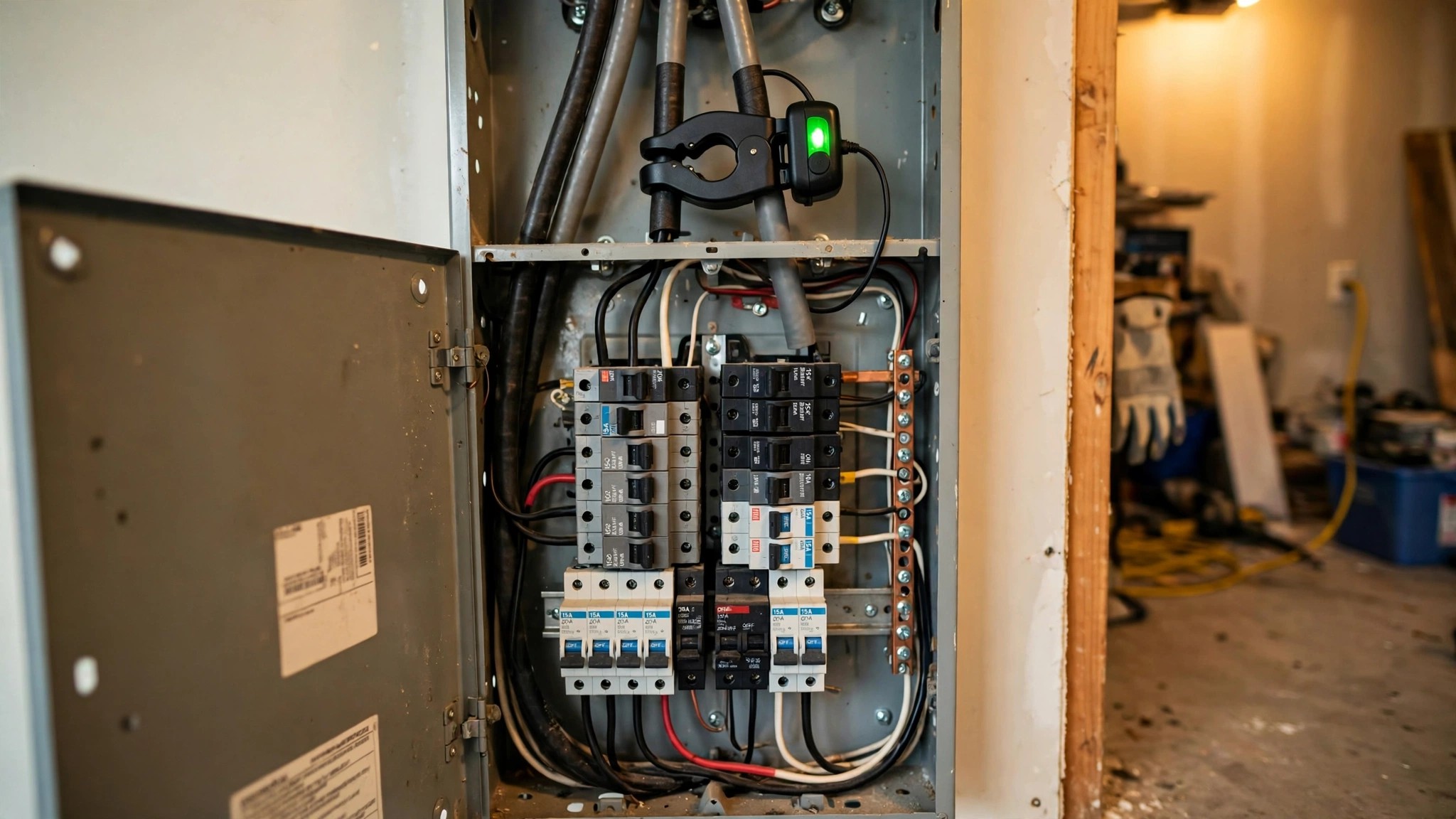 A residential electrical panel with a small clamp-on monitoring device attached to the main feed cables, glowing green LED, a homeowner's hand visible nearby
