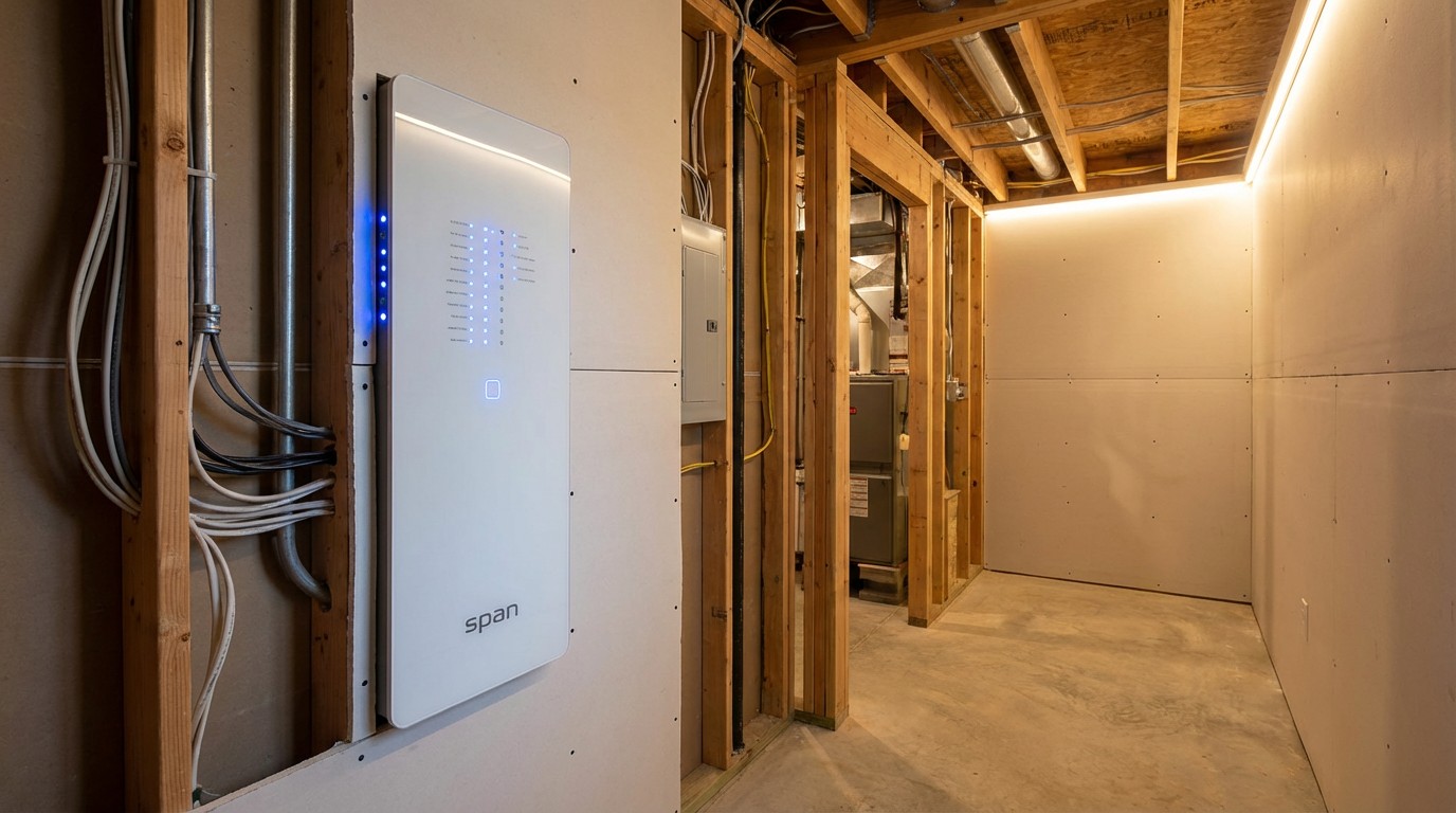 Modern smart electrical panel installed in a new construction home garage, showing the sleek white unit with glowing status indicators next to a traditional gray breaker box for comparison