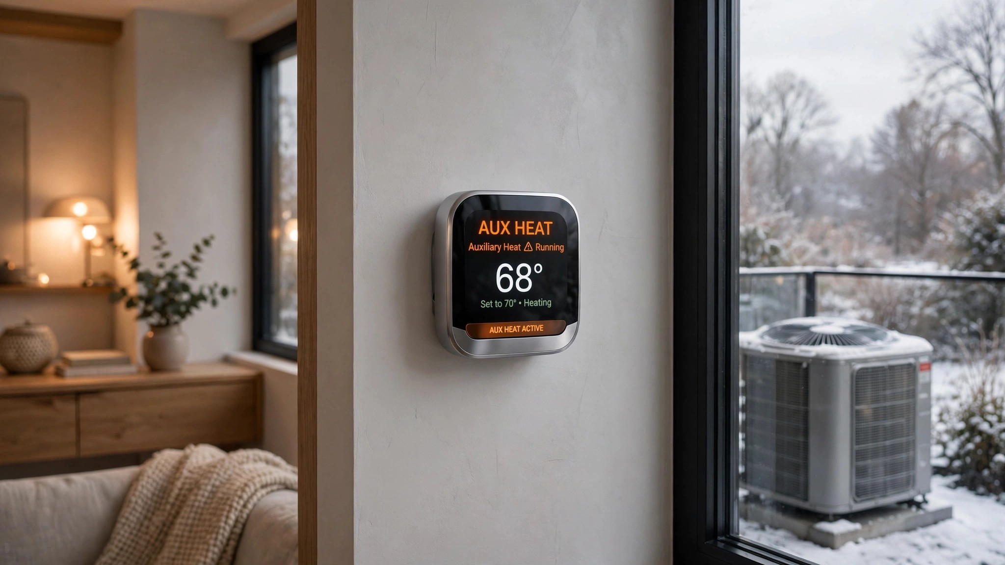 Modern smart thermostat mounted on a living room wall with glowing display showing auxiliary heat warning indicator, heat pump outdoor unit visible through window