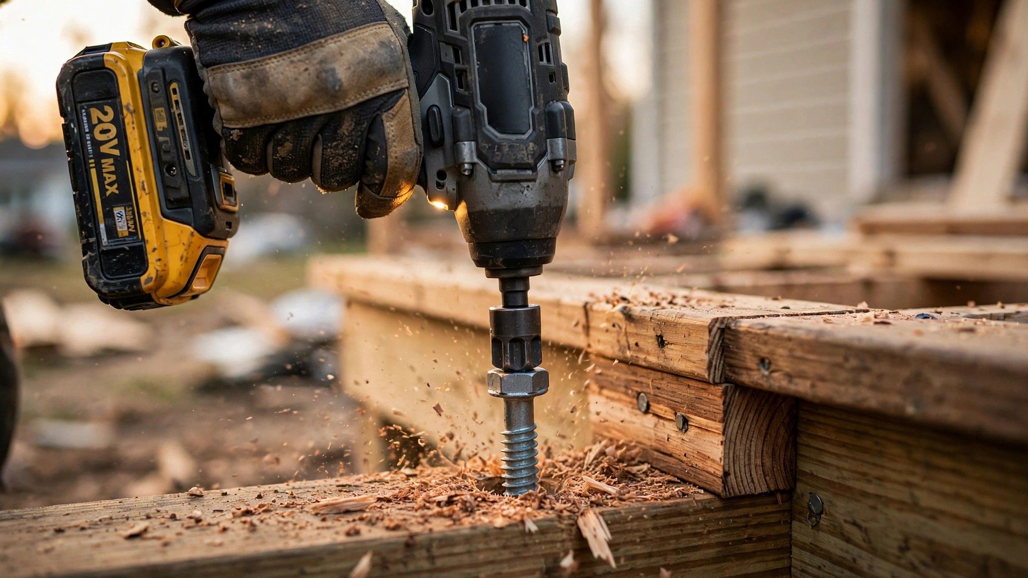 Close-up of a cordless impact wrench driving a lag bolt into a deck ledger board, with a digital torque readout overlay showing real-time verification data