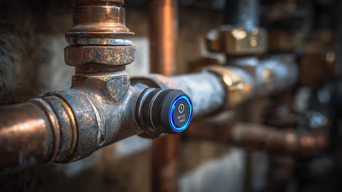 Close-up of a smart water monitor clamped onto a copper main water line in a residential utility room, LED status light glowing blue