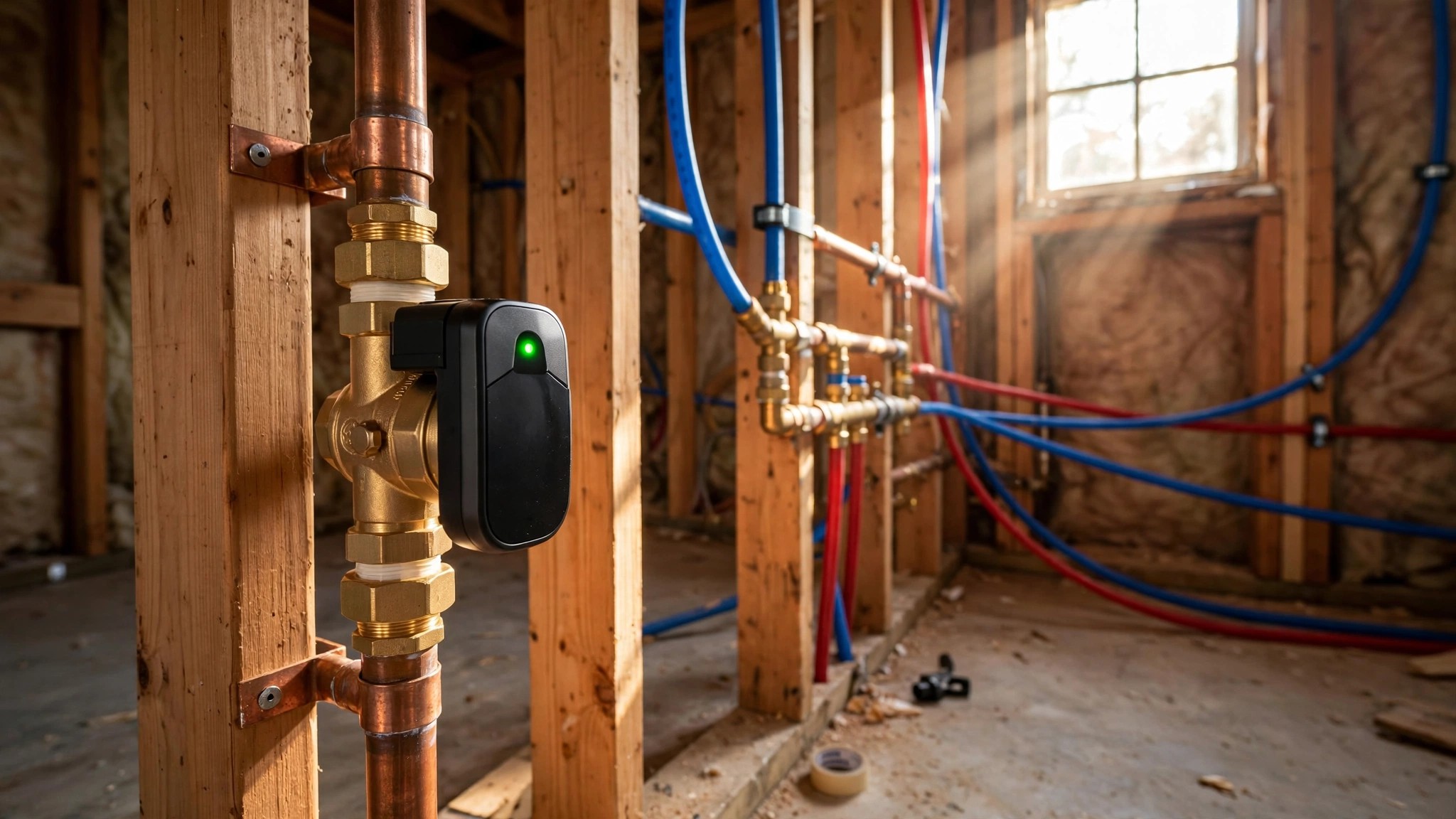 A brass smart water valve mounted on a copper main line in an unfinished utility room, LED status light glowing green, exposed studs and PEX lines visible behind it