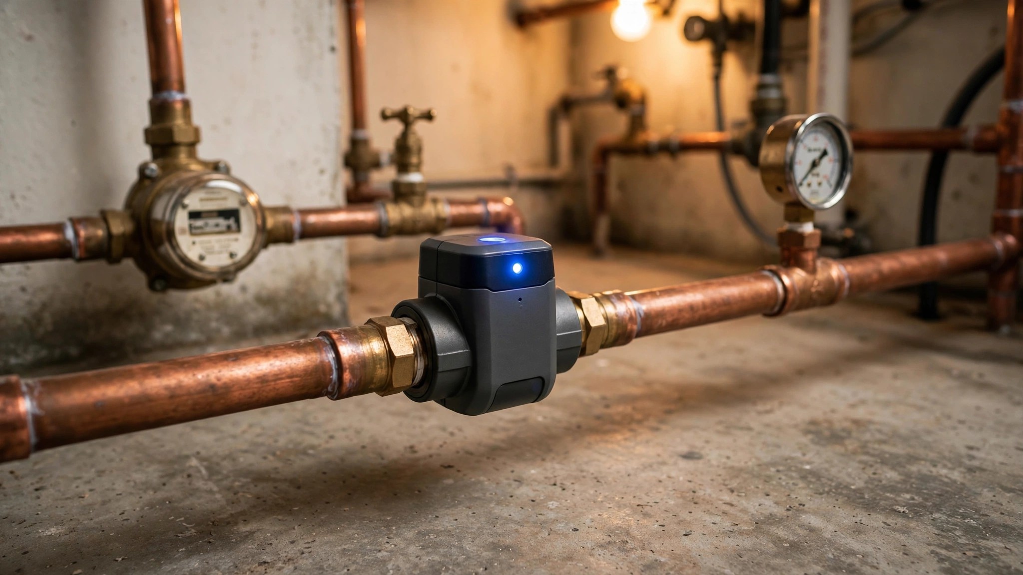 A smart water shutoff valve installed on a copper pipe in a utility room, blue LED indicator glowing, with water meter visible in the background