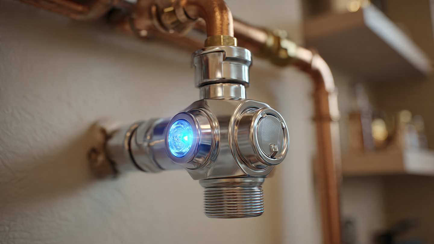 A chrome smart water shutoff valve installed on a copper main water line in a utility room, with a blinking status LED and a homeowner insurance policy document visible on a nearby shelf