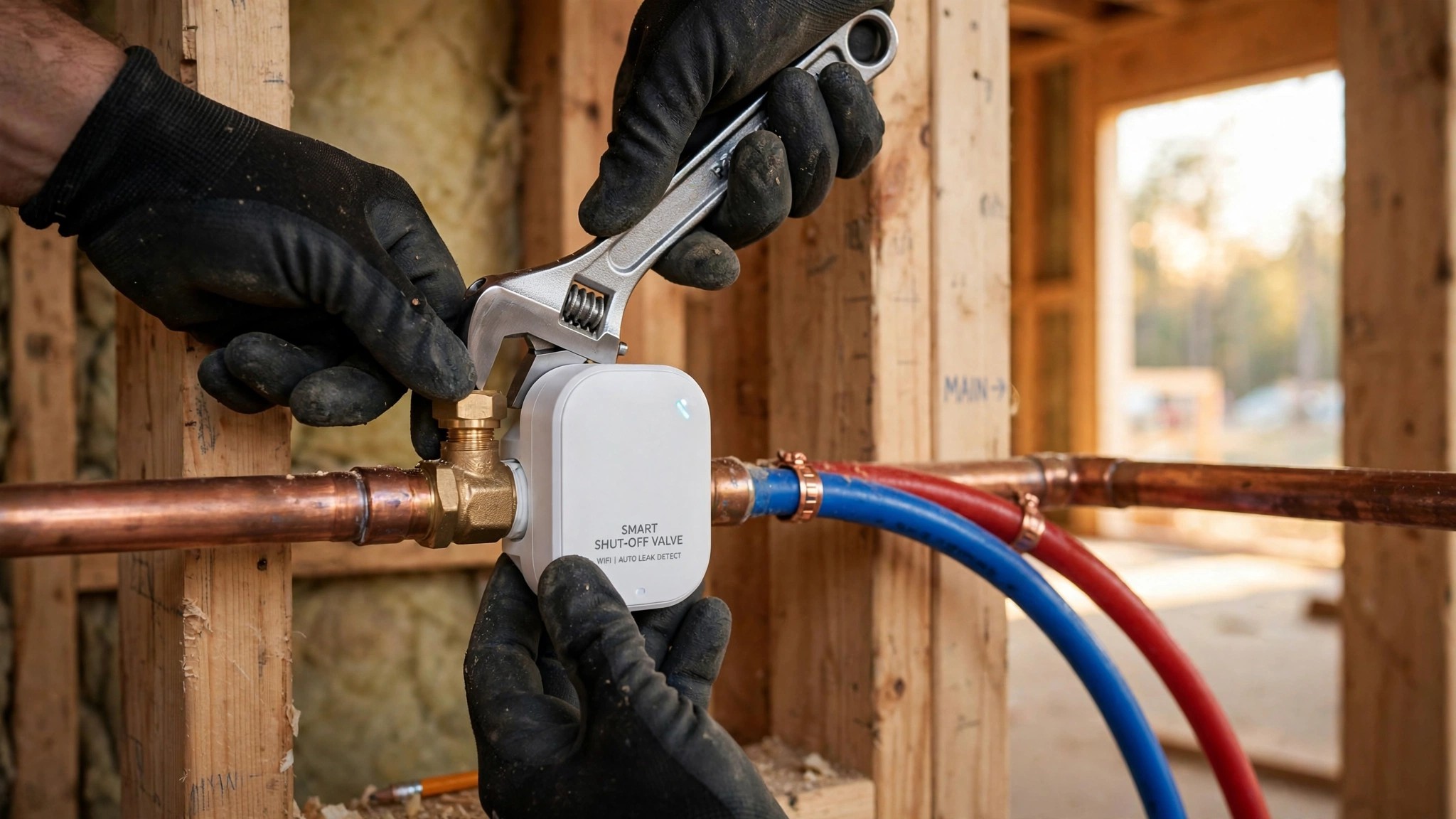 A plumber installing a smart water shutoff valve inline on the main water supply during new residential construction
