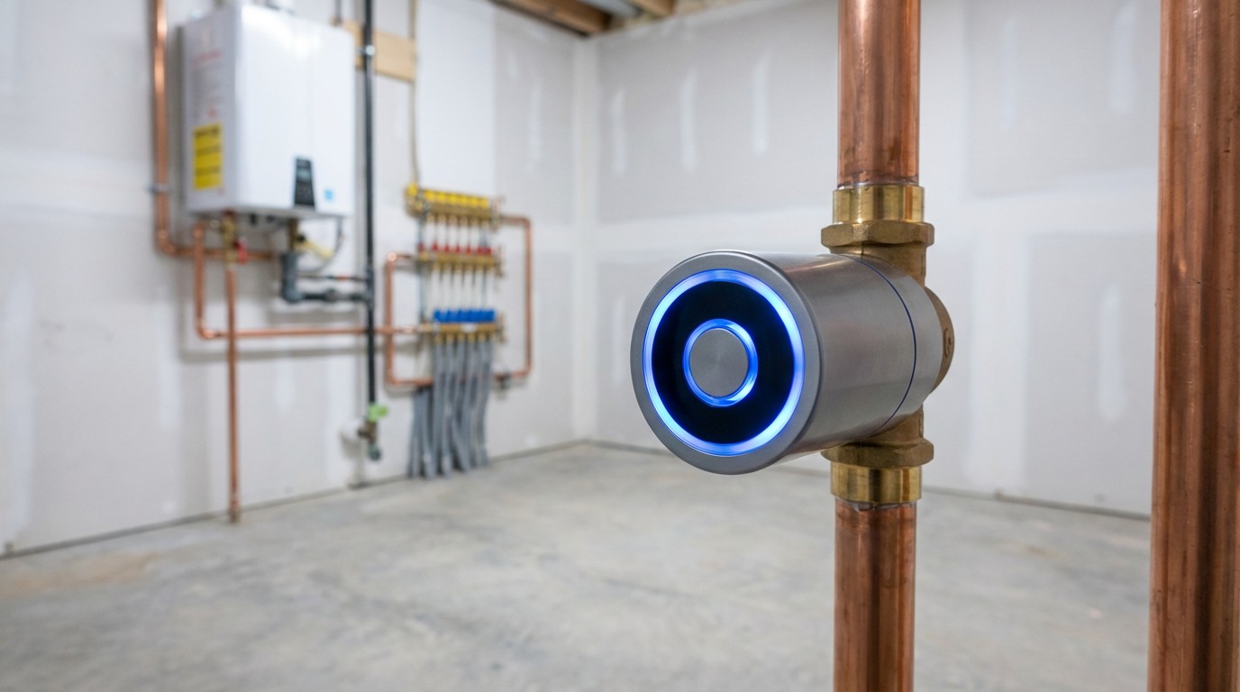 Smart water shutoff valve installed on a copper main water line in new home construction, LED indicator glowing blue