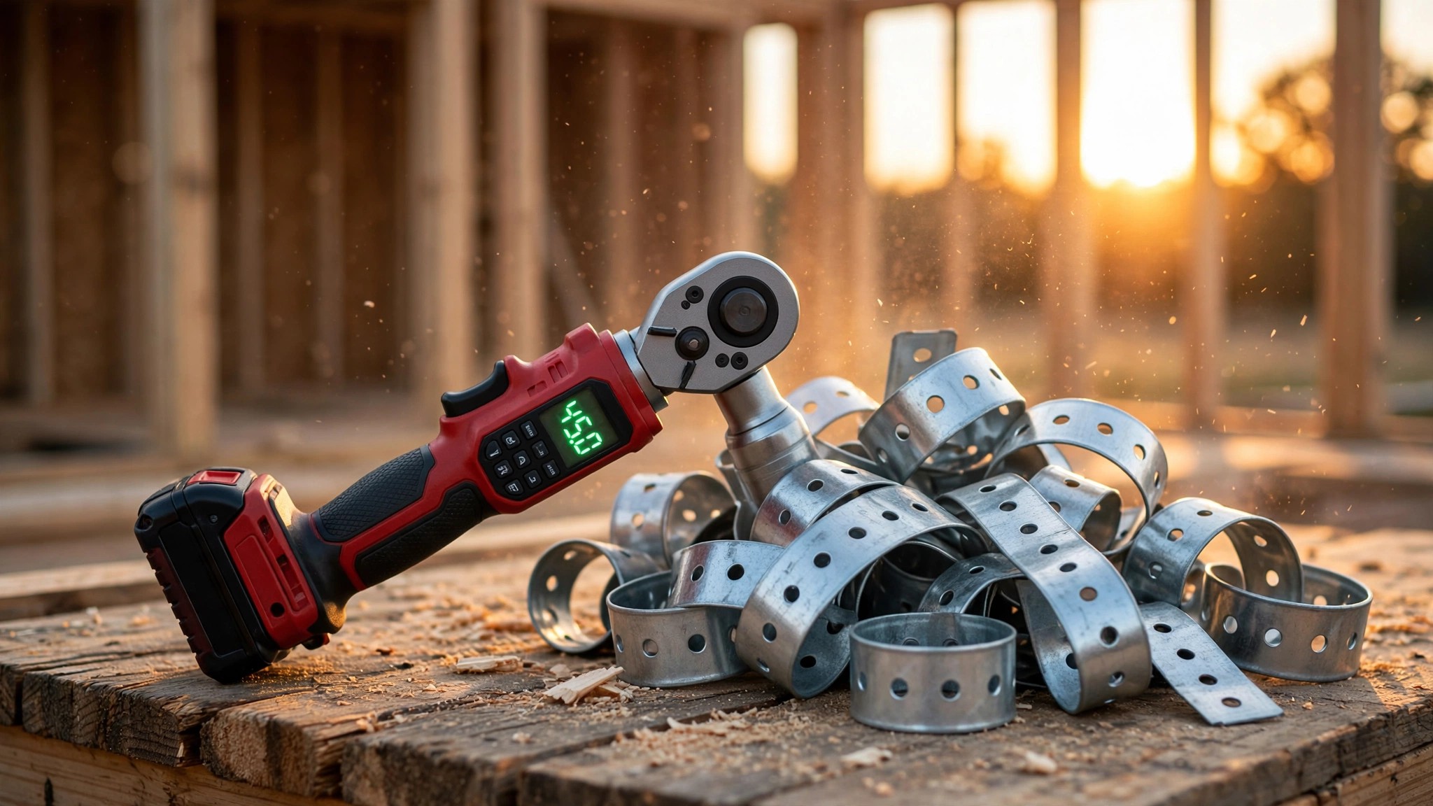 A Milwaukee digital torque wrench with glowing LED display sitting on a framing workbench next to a pile of Simpson Strong-Tie hurricane straps, construction site in warm afternoon light