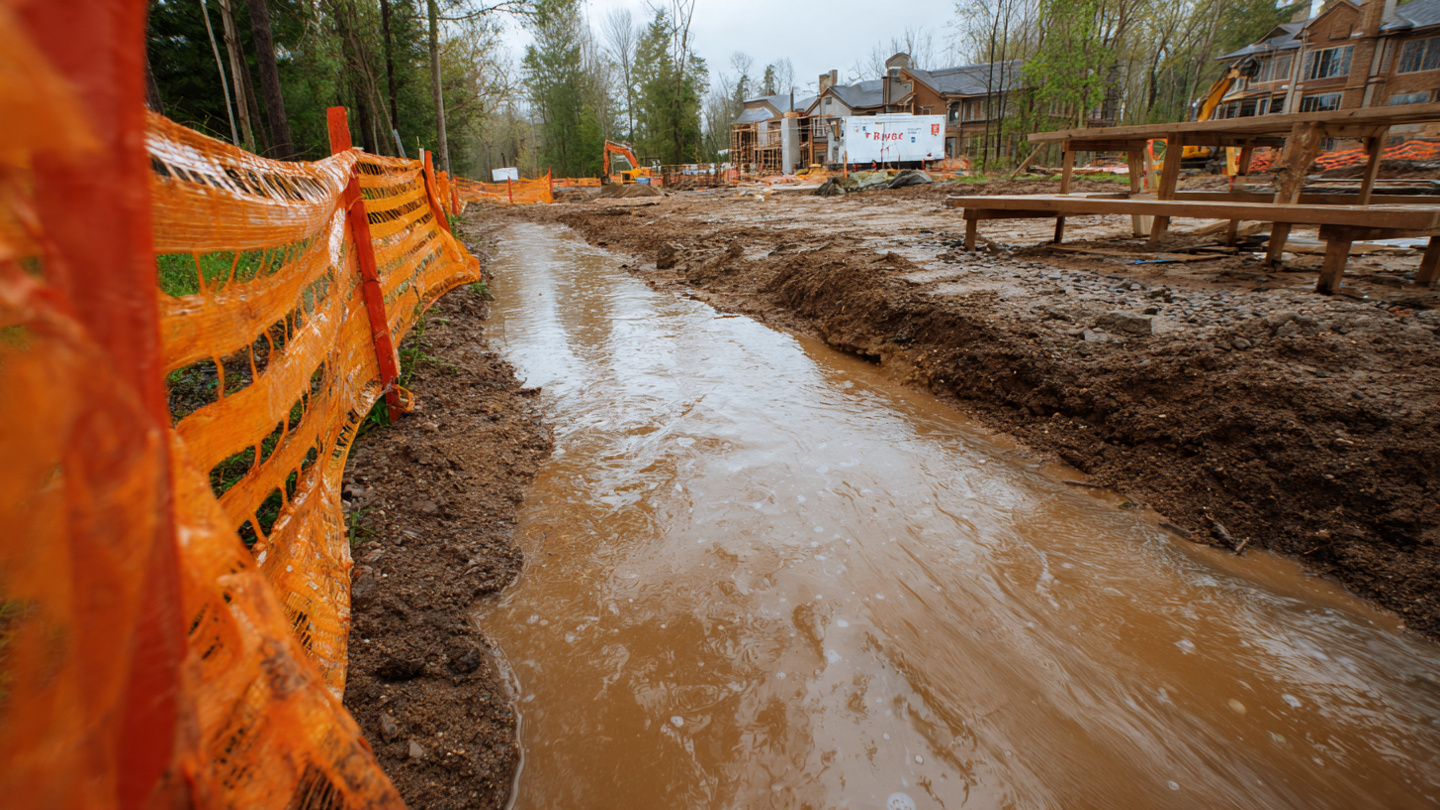 A muddy residential construction site after rain, with orange silt fencing partially collapsed along a drainage swale, puddles of brown sediment-laden water pooling near exposed soil
