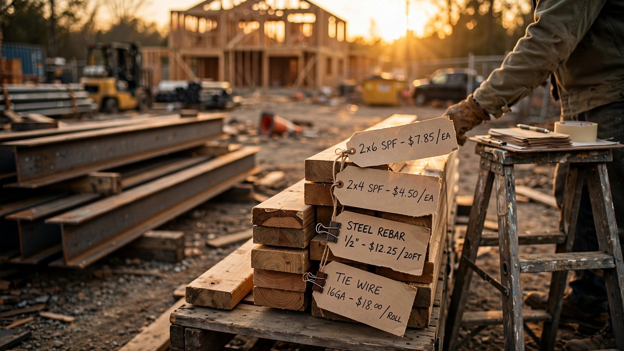 Stacks of steel beams and lumber at a construction supply yard with price tags being changed by a worker