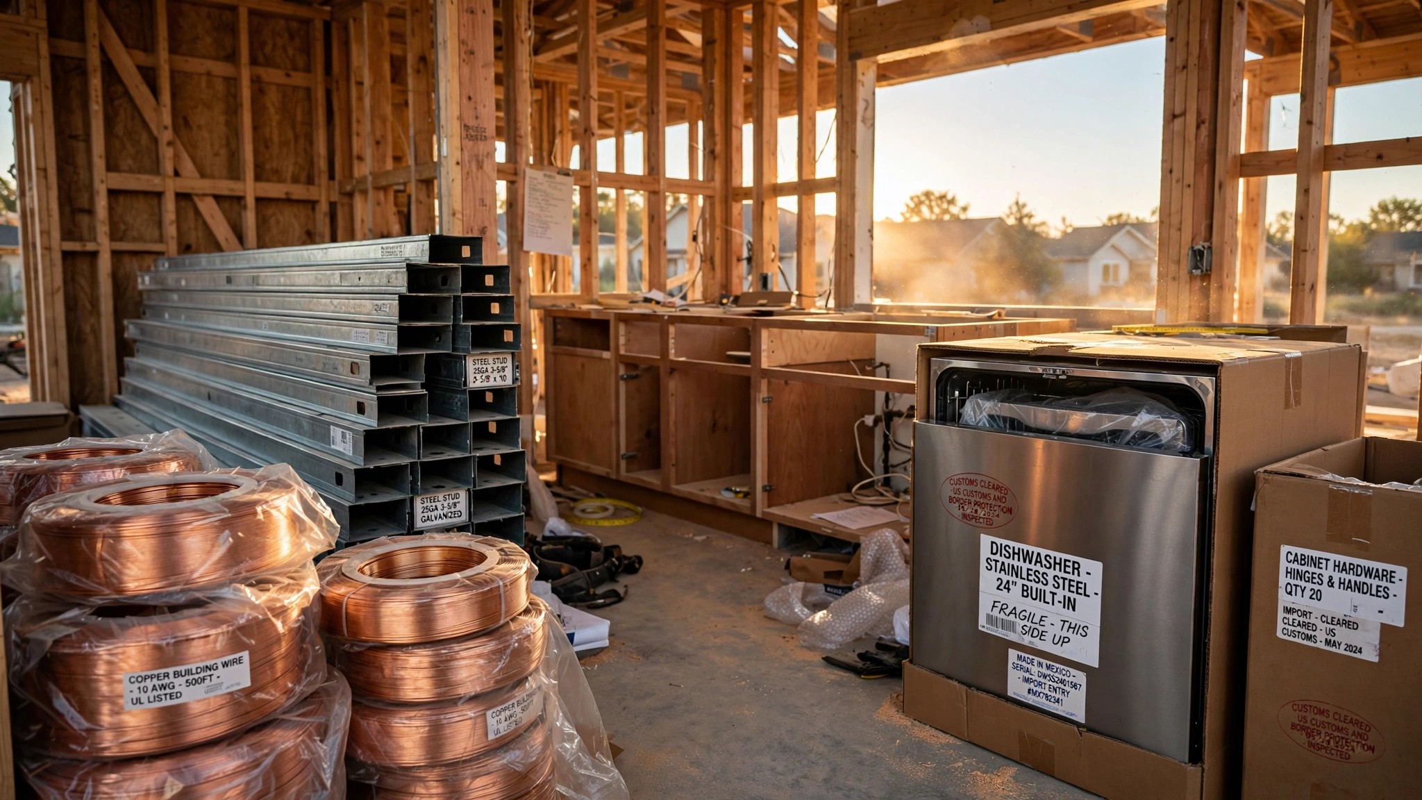A kitchen counter with a price tag hanging from a dishwasher, showing a crossed-out lower number and a higher number written above it, stacks of lumber and steel studs visible through a window behind the kitchen