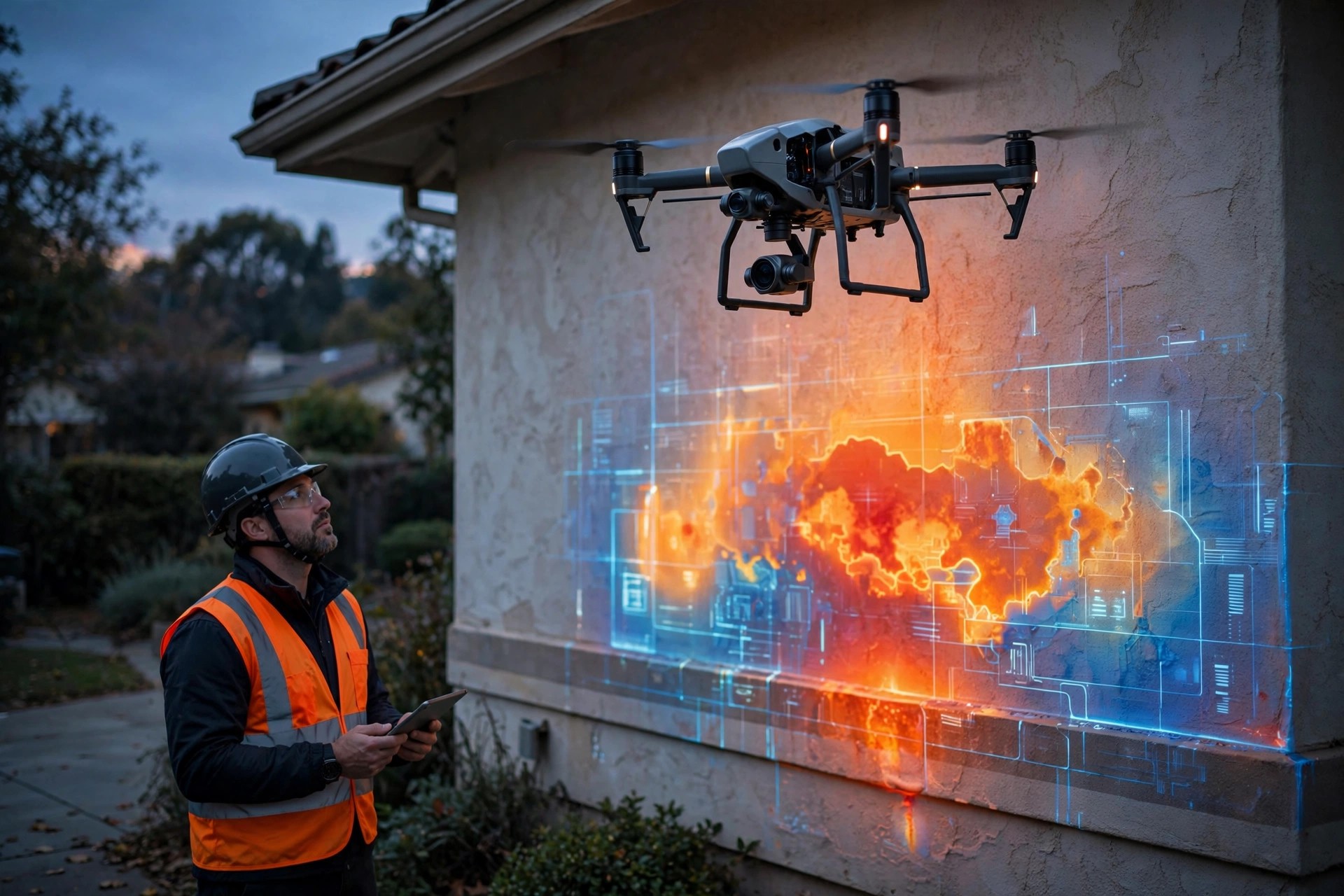 A thermal imaging drone hovering beside a suburban stucco home at dawn, with a false-color infrared overlay revealing cool blue moisture anomalies spreading behind a warm orange wall surface