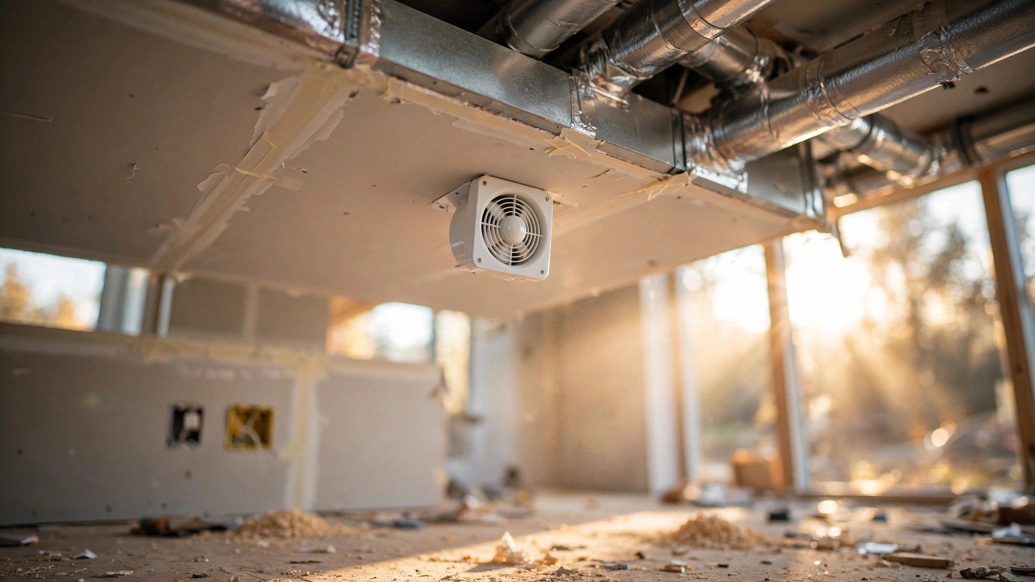 Interior of a newly constructed home with fresh drywall and a small bathroom exhaust fan visible in the ceiling
