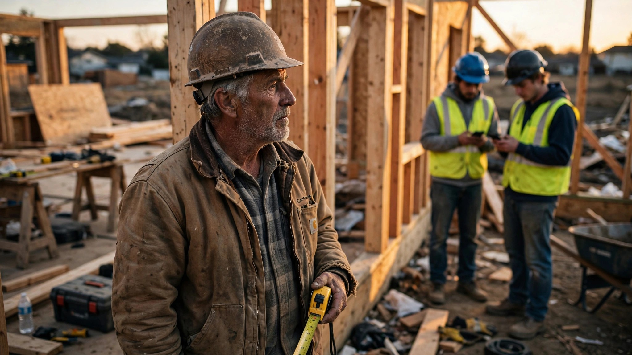 An older construction worker in worn Carhartt coveralls standing beside a half-framed residential wall, gesturing to explain something to a young apprentice holding a phone, late afternoon light casting long shadows across exposed studs and plywood subfloor