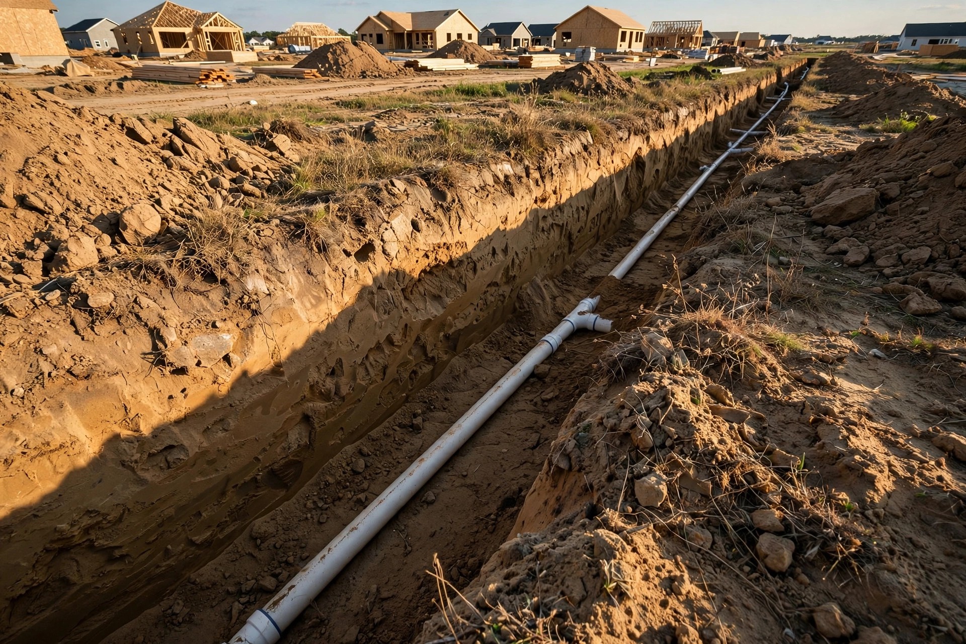 A narrow residential trench approximately eight feet deep with exposed clay soil walls and no shoring or protective system visible, a sewer pipe partially laid at the bottom