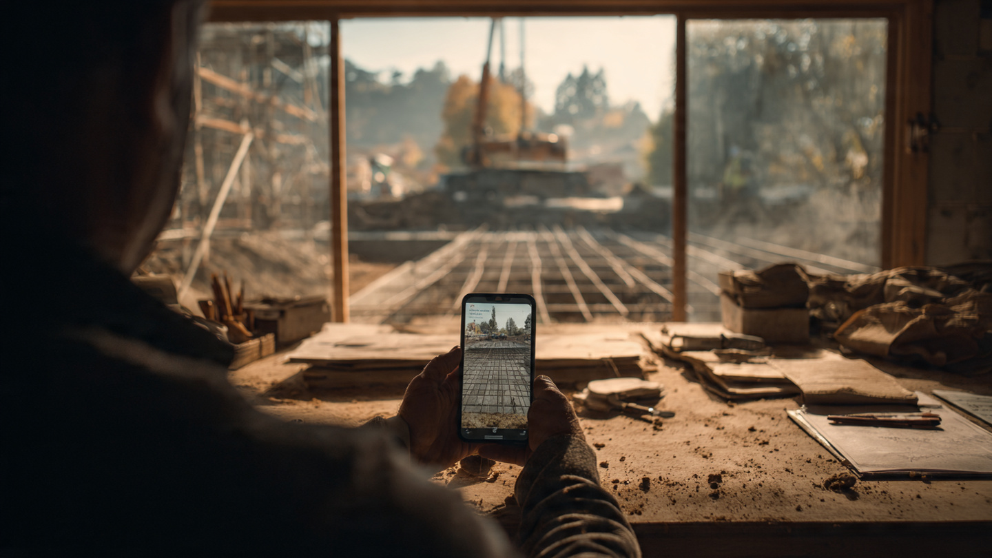 A building inspector sitting at a desk looking at a smartphone screen showing a concrete foundation while the actual job site is visible through a window behind them