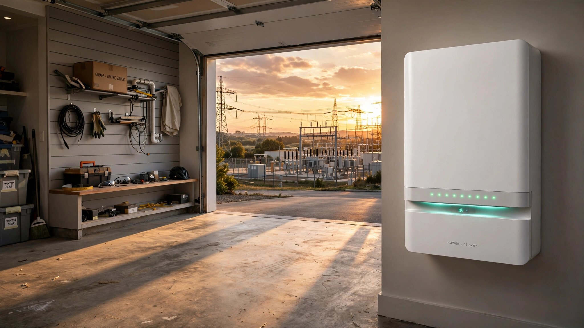 A residential rooftop with solar panels connected to a home battery system, with faint overlay showing grid dispatch signals flowing away from the house