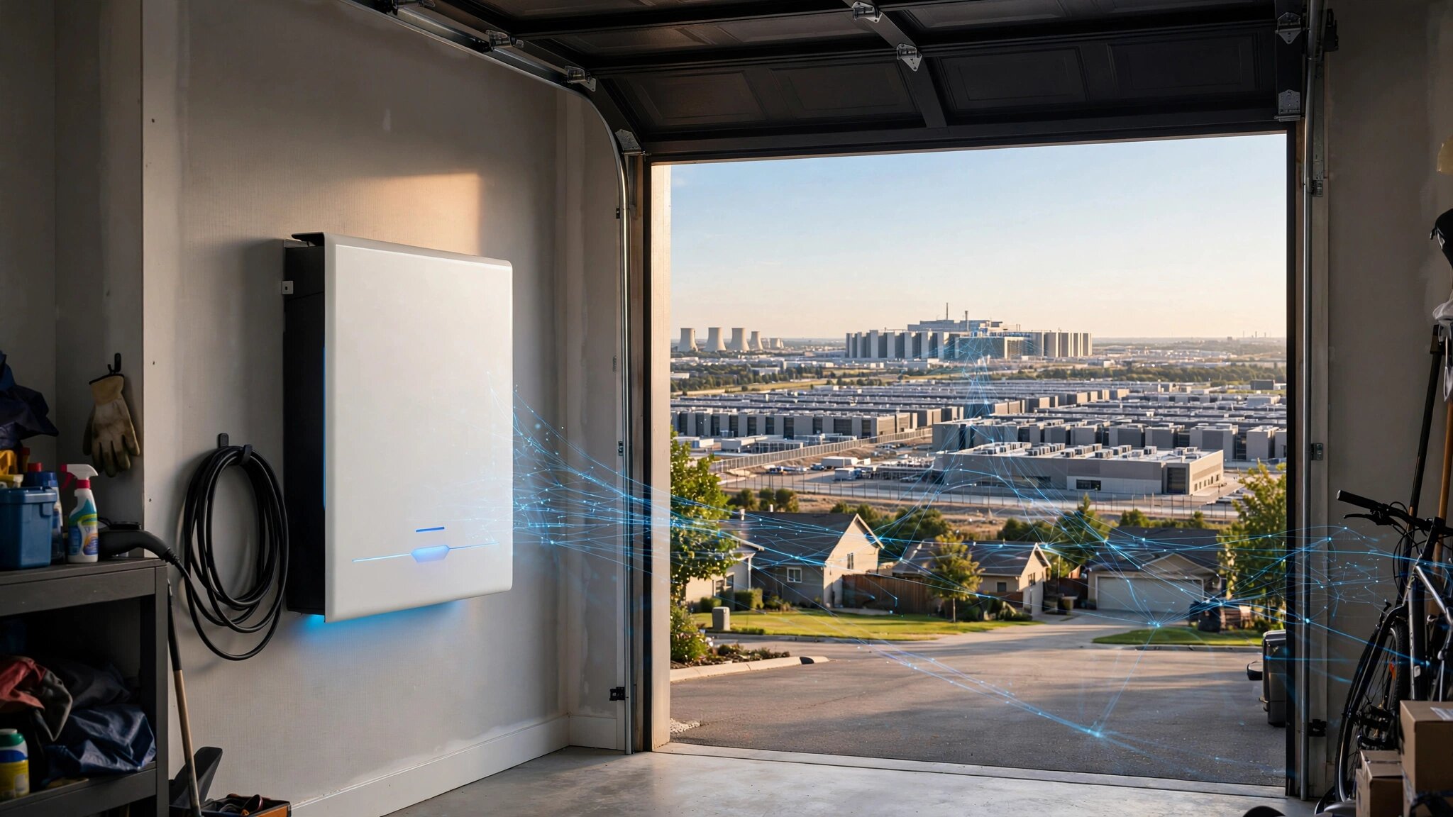 A residential home battery system mounted on a garage wall with a glowing status display, connected via digital network lines to a distant data center visible on the horizon