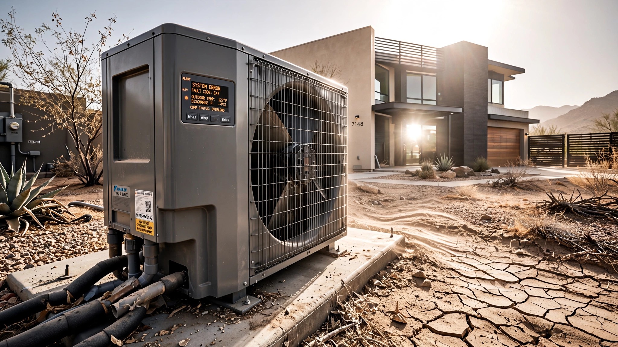 A VRF outdoor condenser unit on a rooftop under scorching summer sun, heat shimmer rising from the surface, digital diagnostic overlay flickering on a nearby control panel