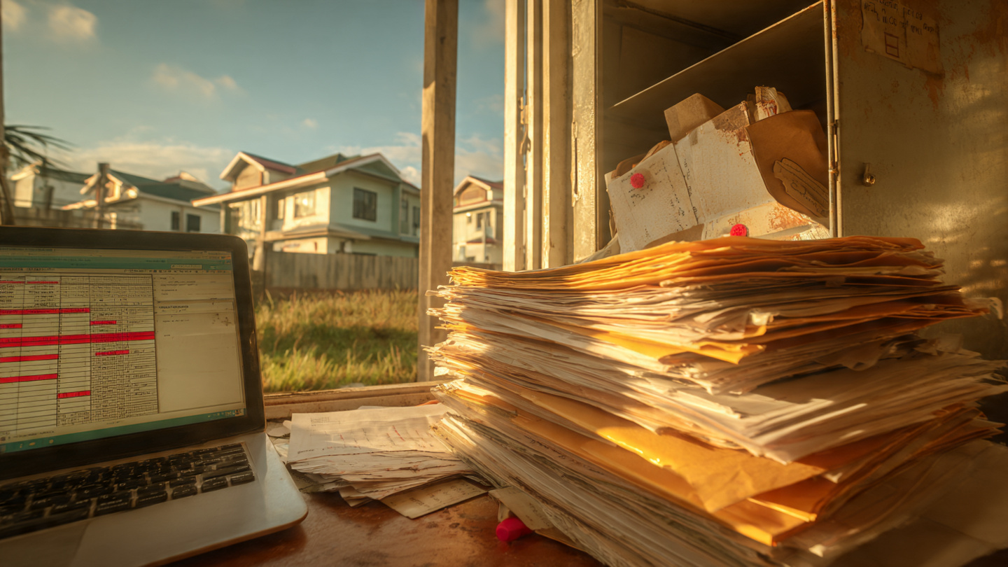 A cluttered builder's desk with warranty claim forms and a laptop showing a spreadsheet