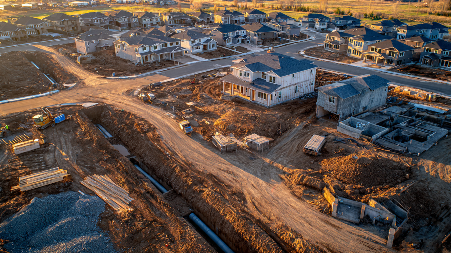 Aerial view of a new suburban subdivision with exposed utility trenches and sewer pipes being installed alongside freshly poured foundations