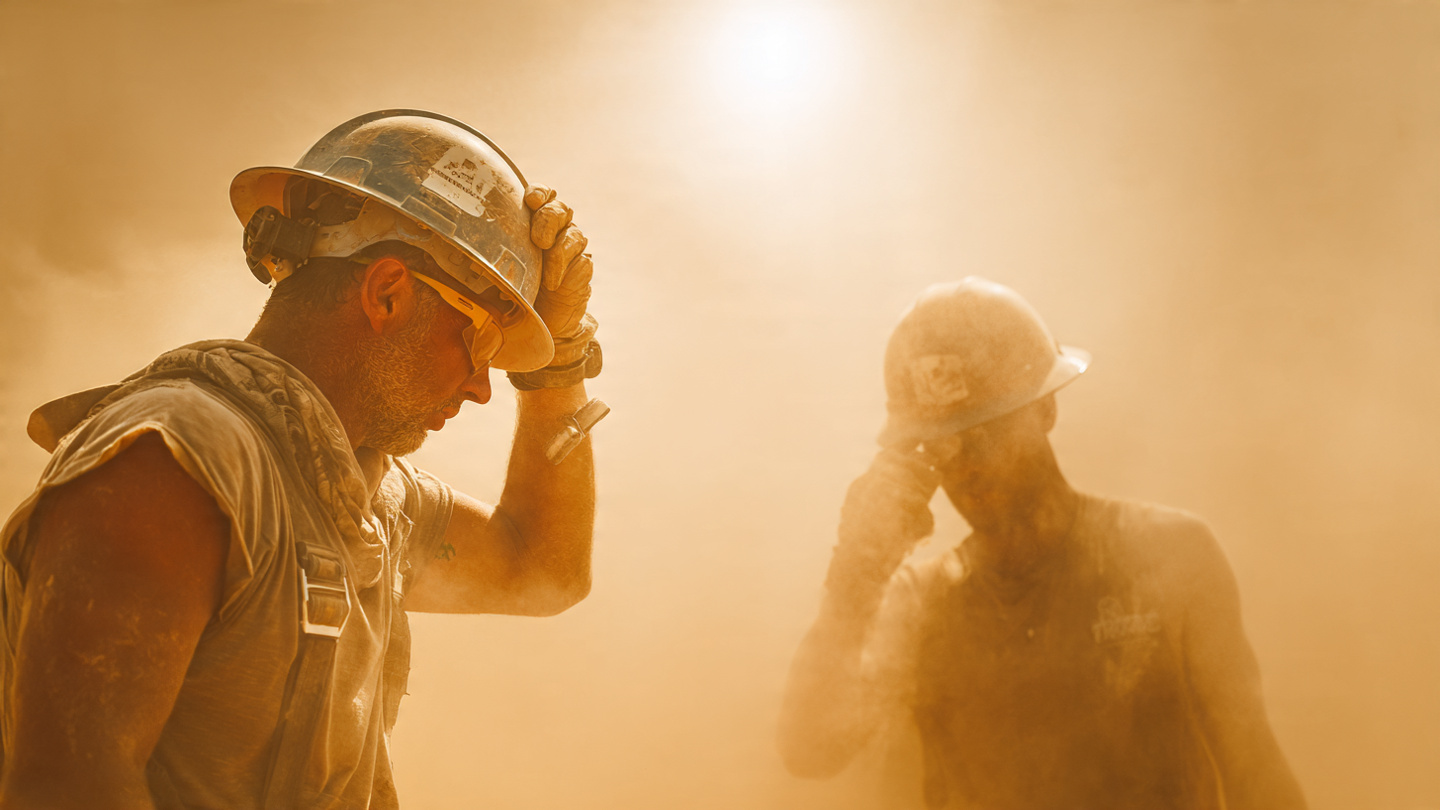 Construction workers on a residential framing site in intense summer heat, one worker wiping sweat from forehead, hard hats and tool belts visible