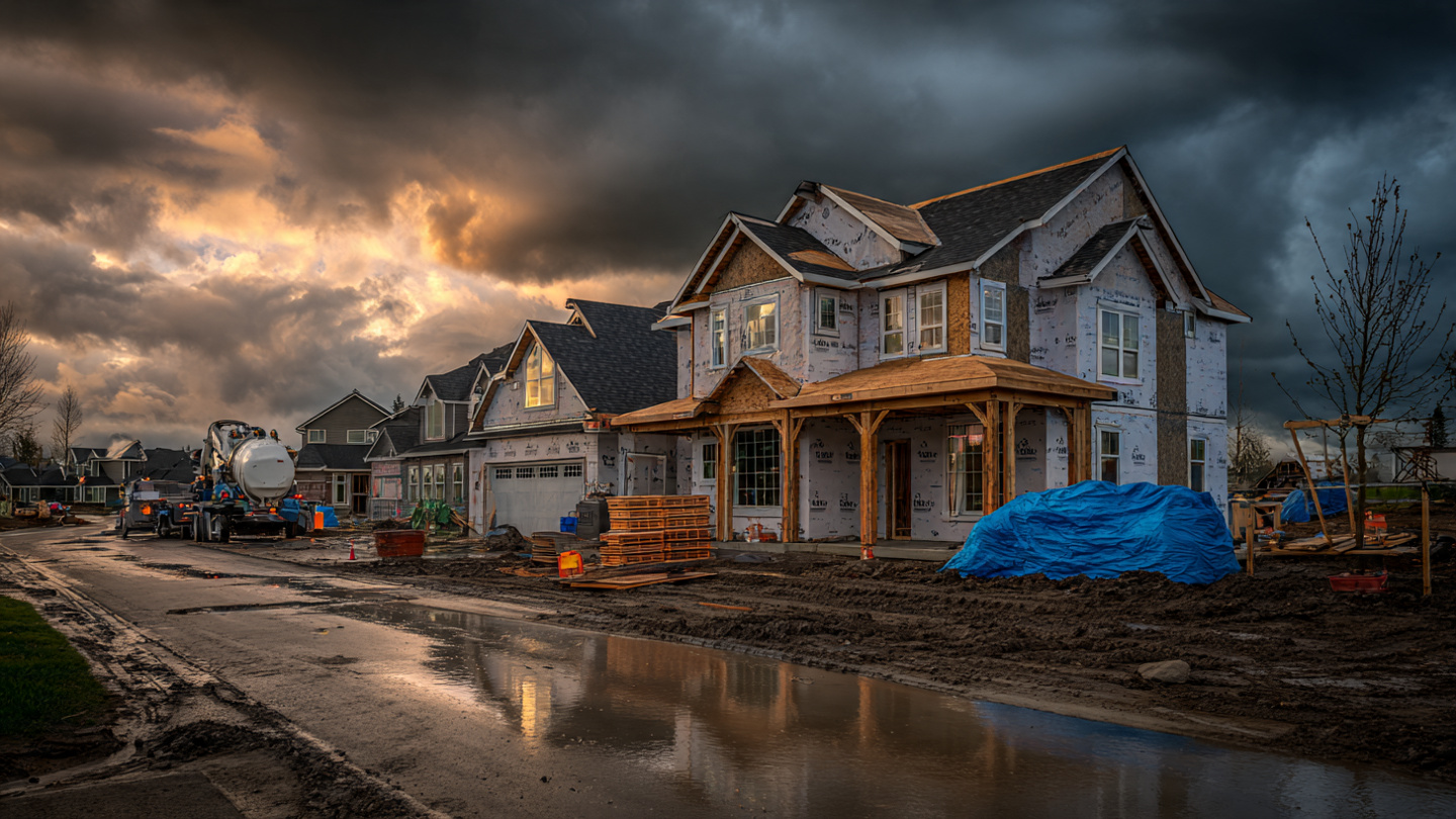 A half-framed residential house under overcast skies with rain puddles on a muddy job site, construction materials covered in tarps