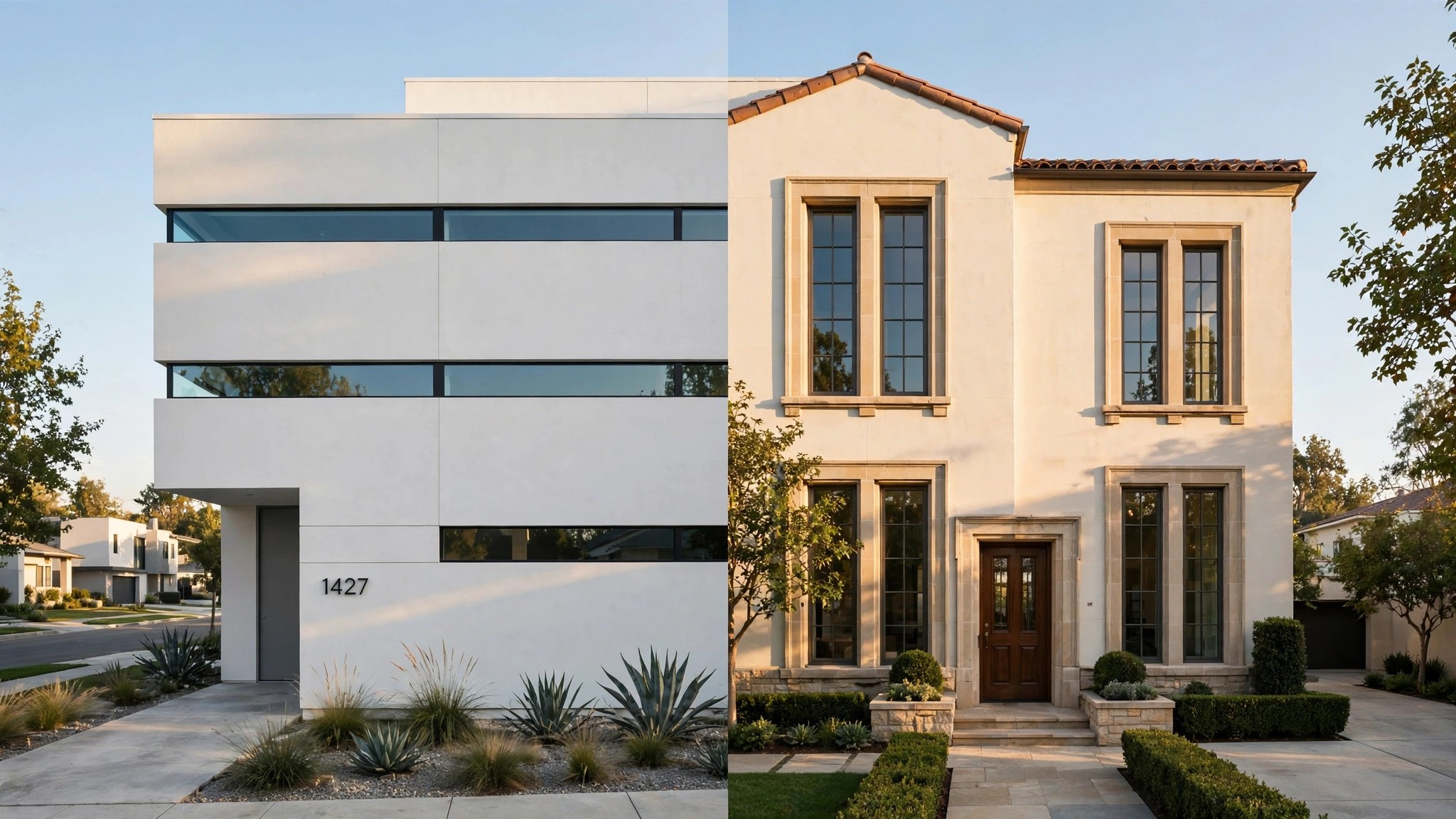 A residential facade showing contrasting window designs, one side with tall proportioned symmetrical windows with deep reveals, the other with flush frameless glazing