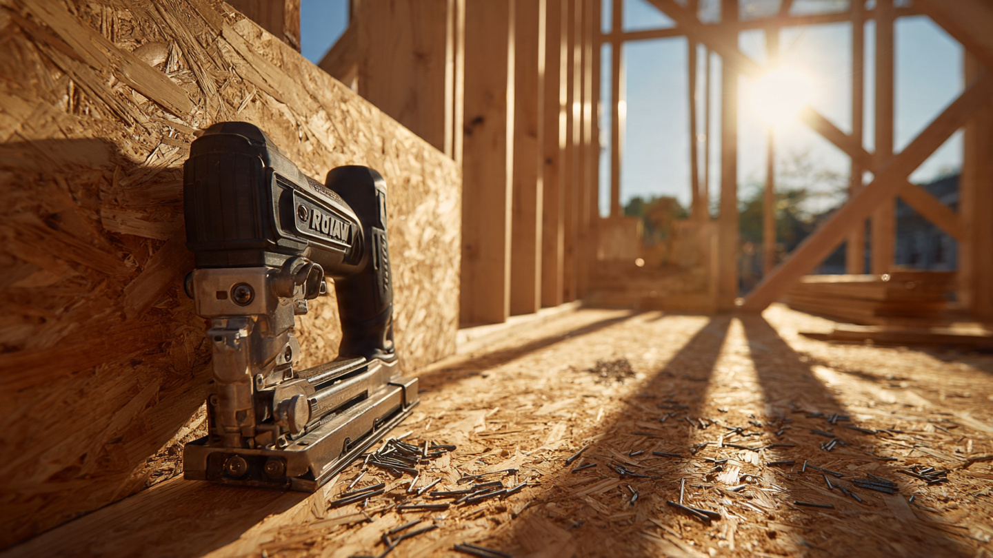 Close-up of a pneumatic nail gun driving nails into OSB sheathing on a residential shear wall, sawdust visible in morning sunlight