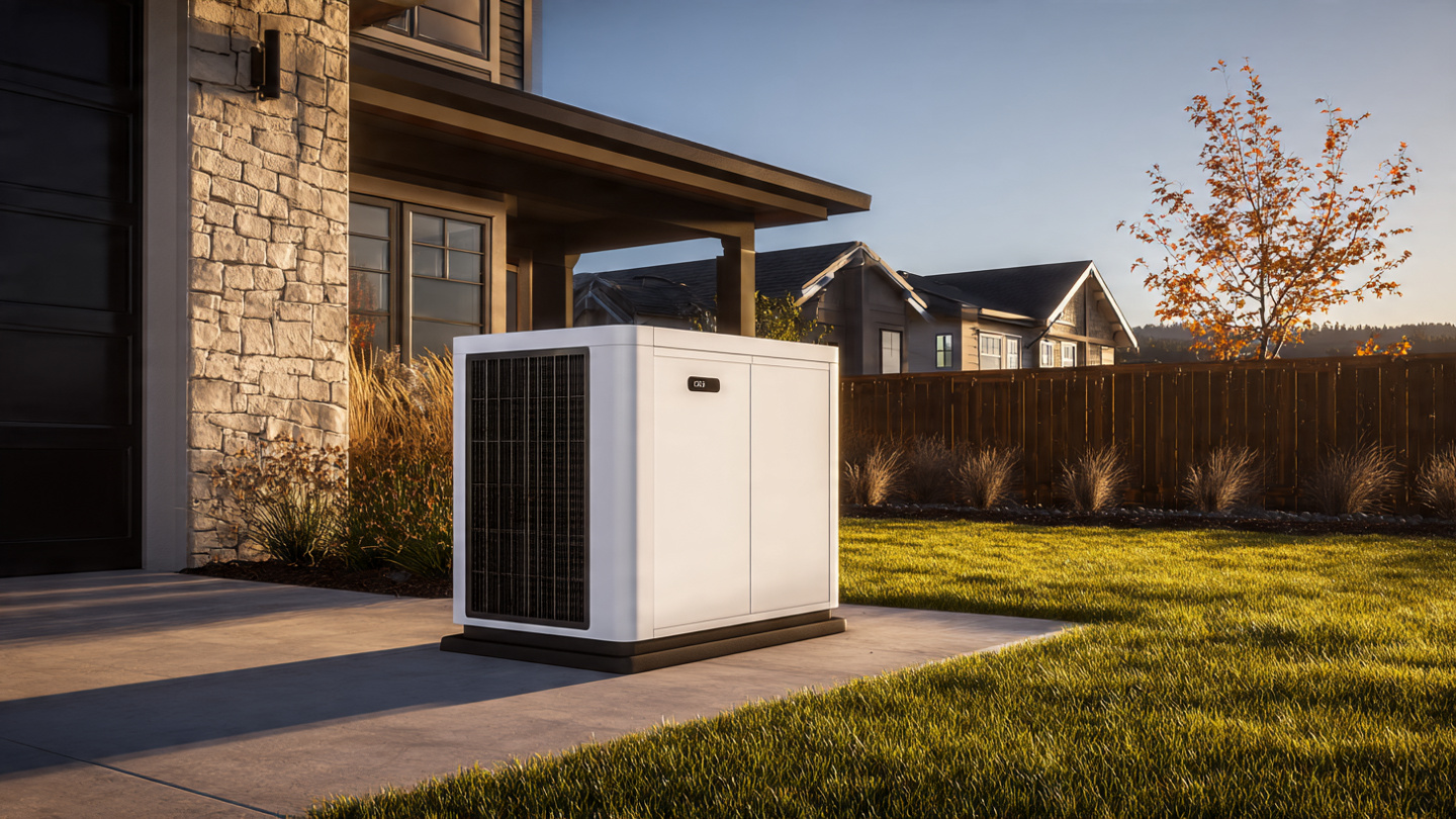 Compact white liquid-cooled compute unit on a concrete pad beside a new suburban home
