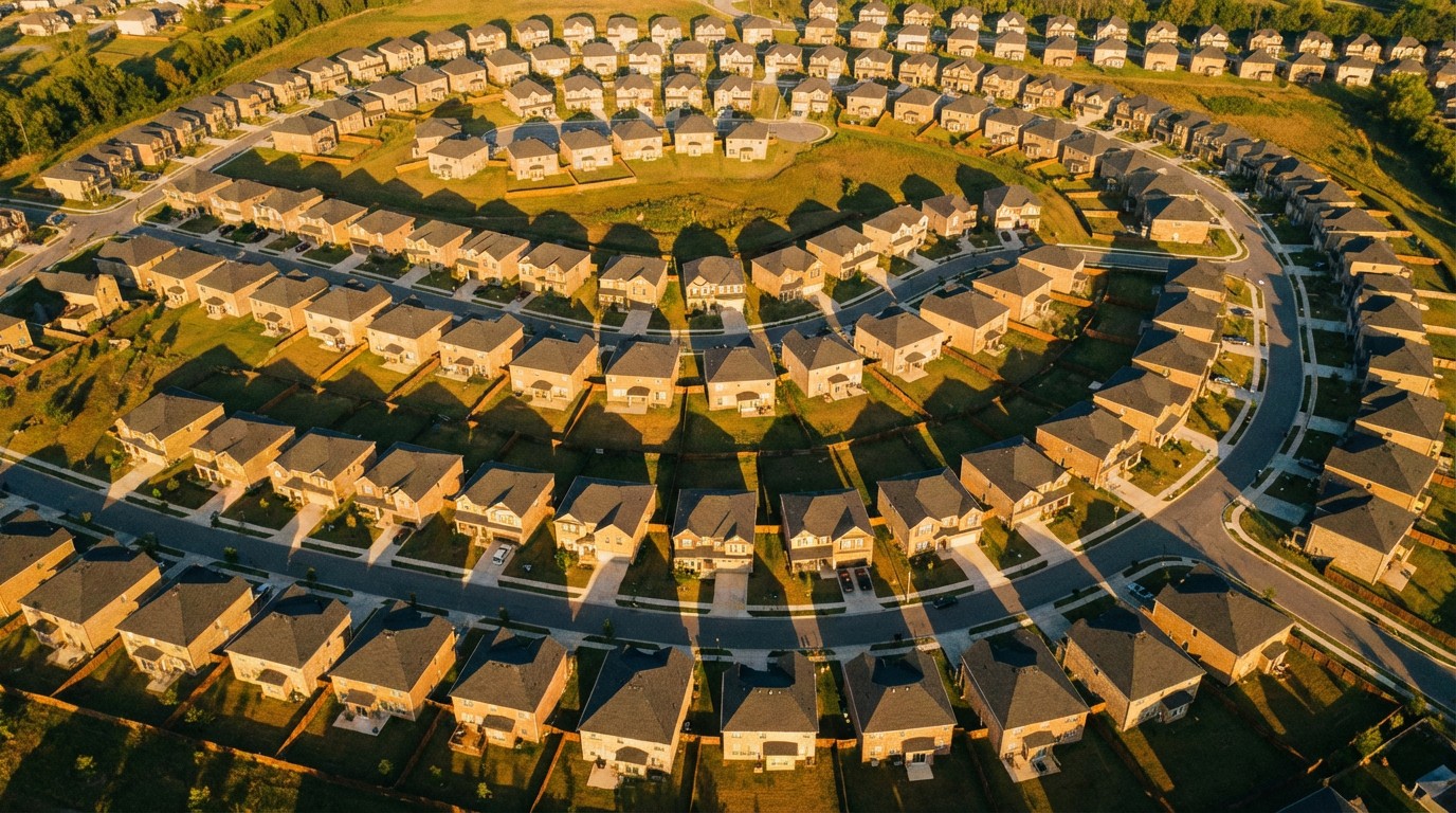 Aerial view of a suburban subdivision at golden hour, identical houses on curved streets casting long shadows in different directions