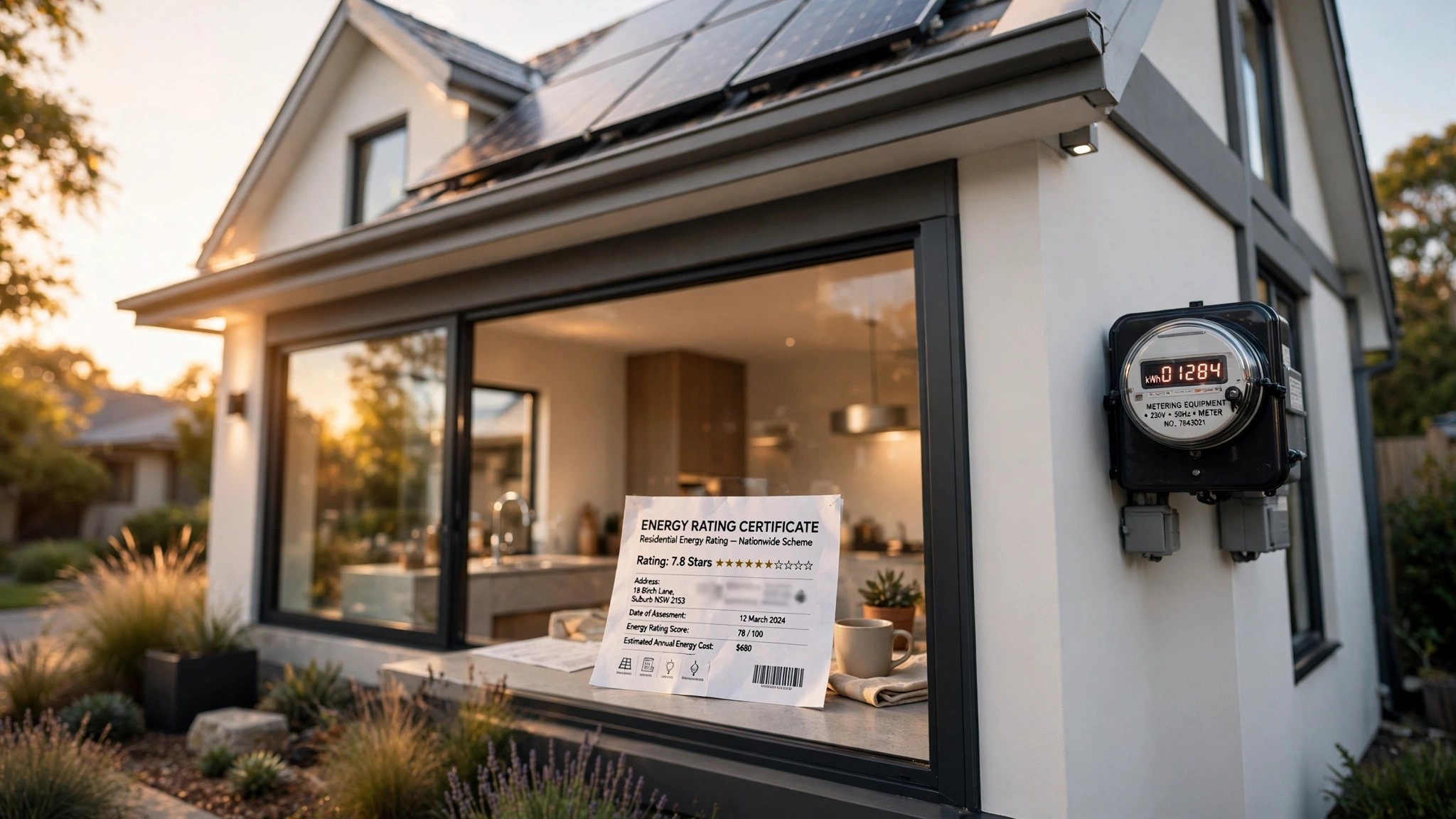 Modern energy-efficient home with rooftop solar panels in warm afternoon light, an energy rating certificate visible on the kitchen counter through a large window